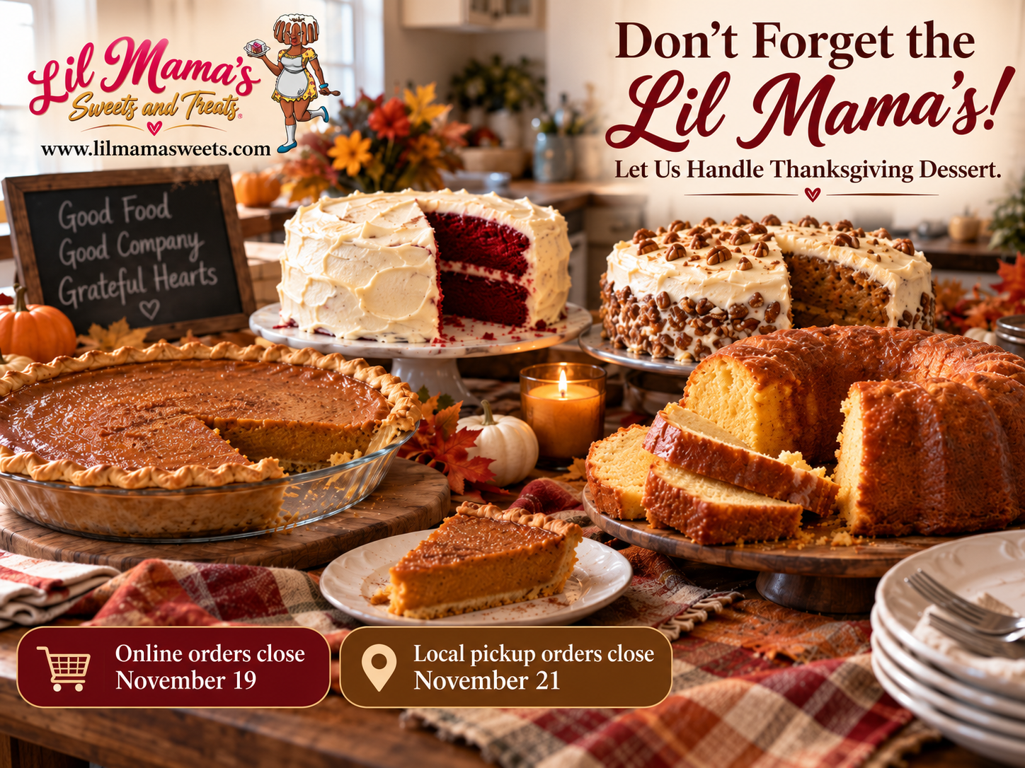 Lil Mama's Thanksgiving table with sweet potato pie, red velvet cake, carrot cake, and pound cake