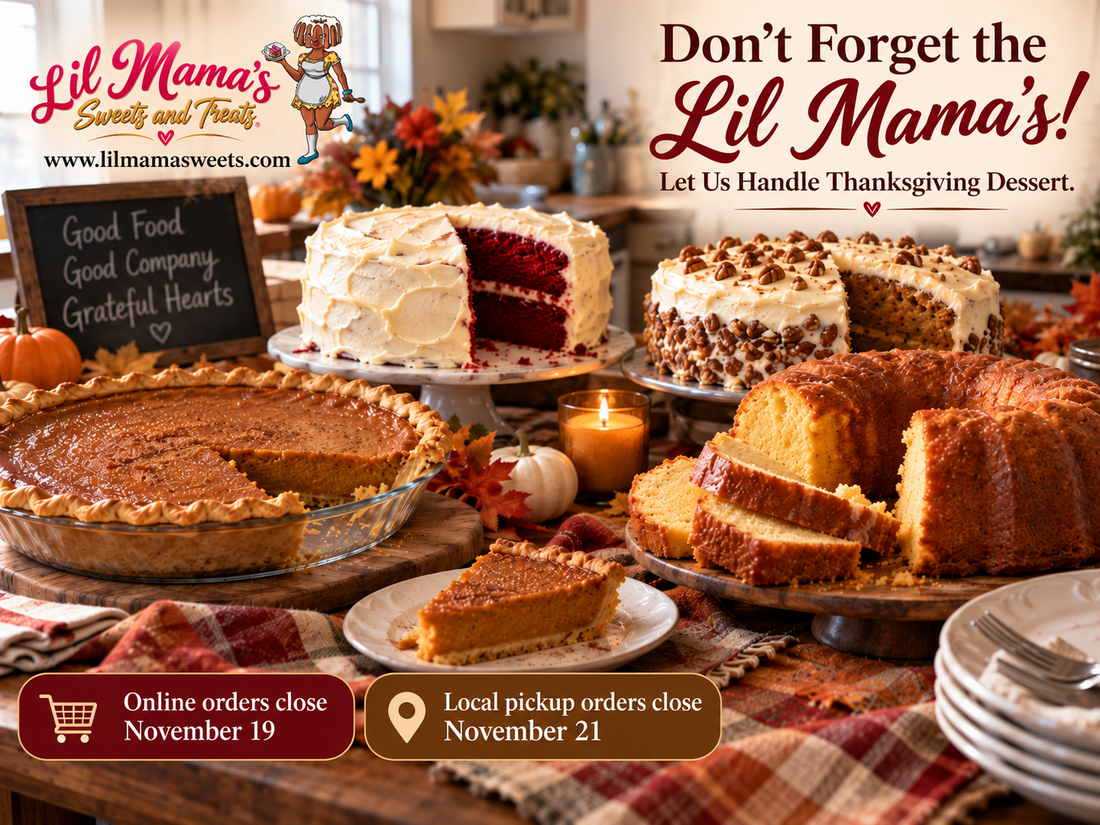 Lil Mama's Thanksgiving table with sweet potato pie, red velvet cake, carrot cake, and pound cake