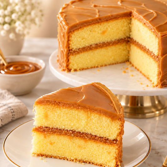Lil Mama's two-layer caramel cake with caramel frosting, whole cake and slice
